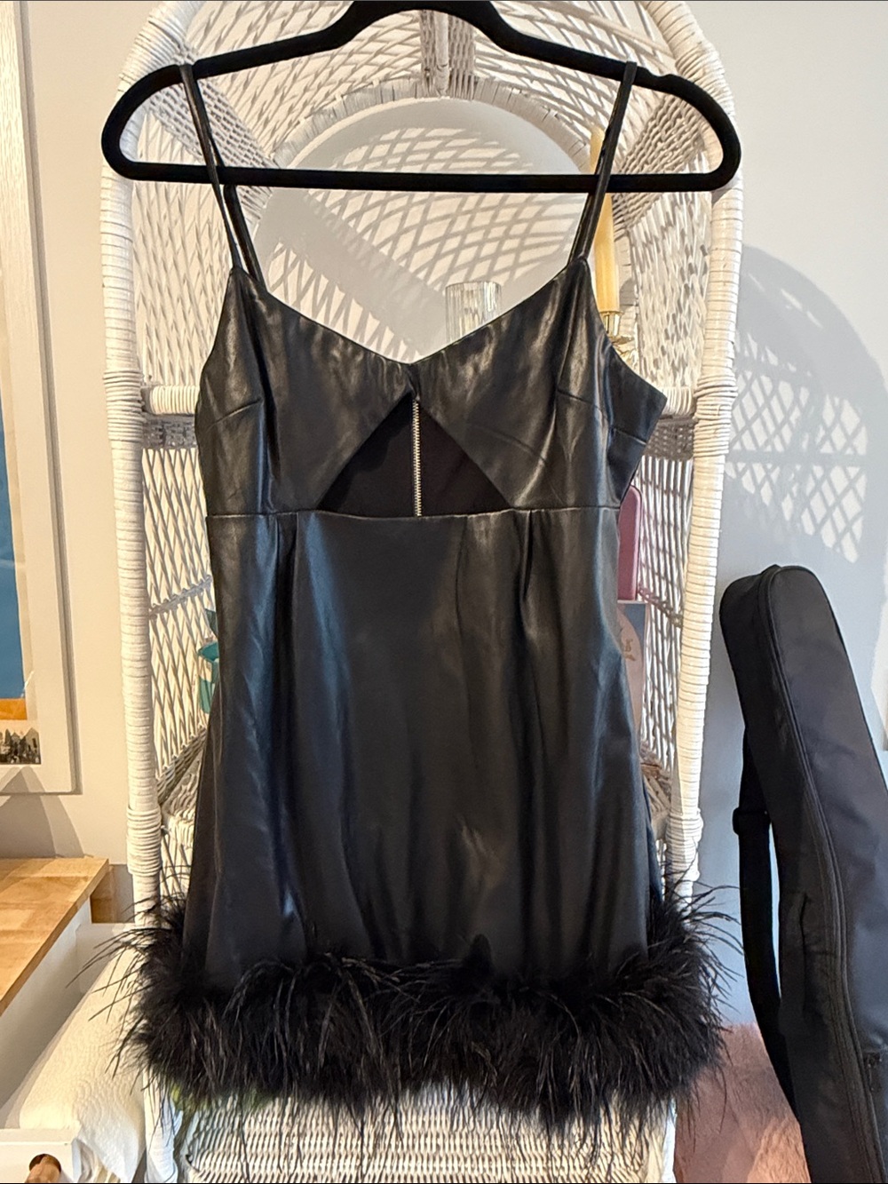 Fashion Nova Black Faux Leather Slip Dress with Feather Hem